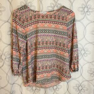 Women's Moa Moa Colorful Floral Blouse 3/4 Sleeve Size Small